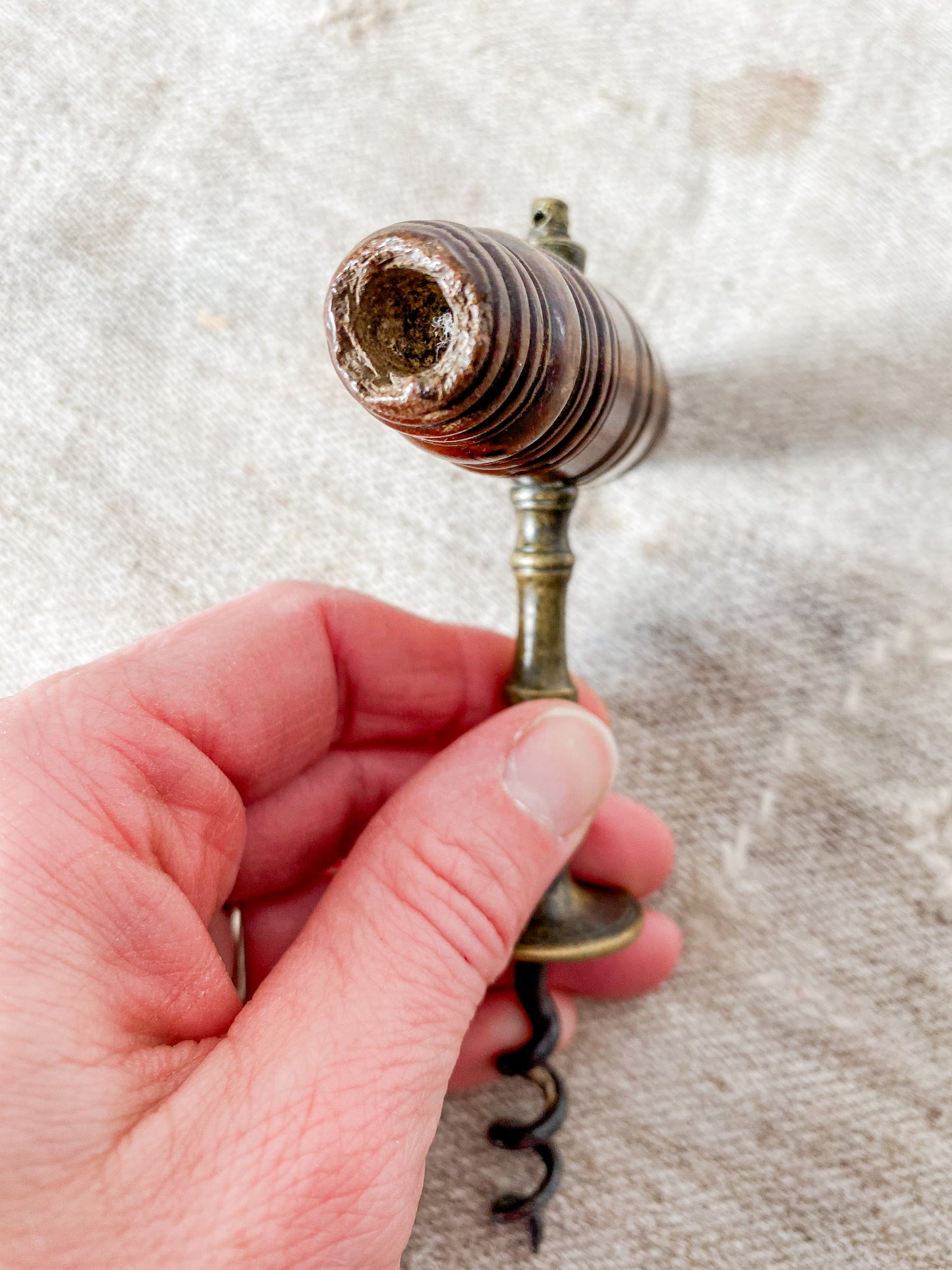 Antique Turned Oak and Brass Victorian Corkscrew