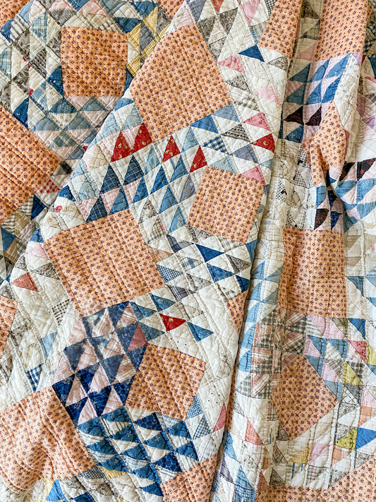 Vintage Orange and Blue Ocean Wave Quilt, c1930
