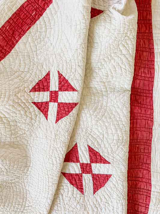 Antique Turkey Tracks Quilt in Turkey Red and Tan, c1880
