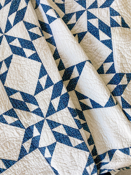 Vintage Blue & White Pinwheel Touching Stars Quilt, c1920