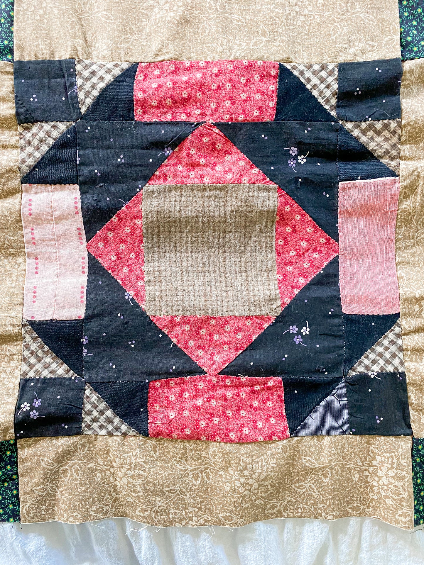 Antique Broken Dishes Unfinished Quilt Top | Late 1800s Calico Fabrics