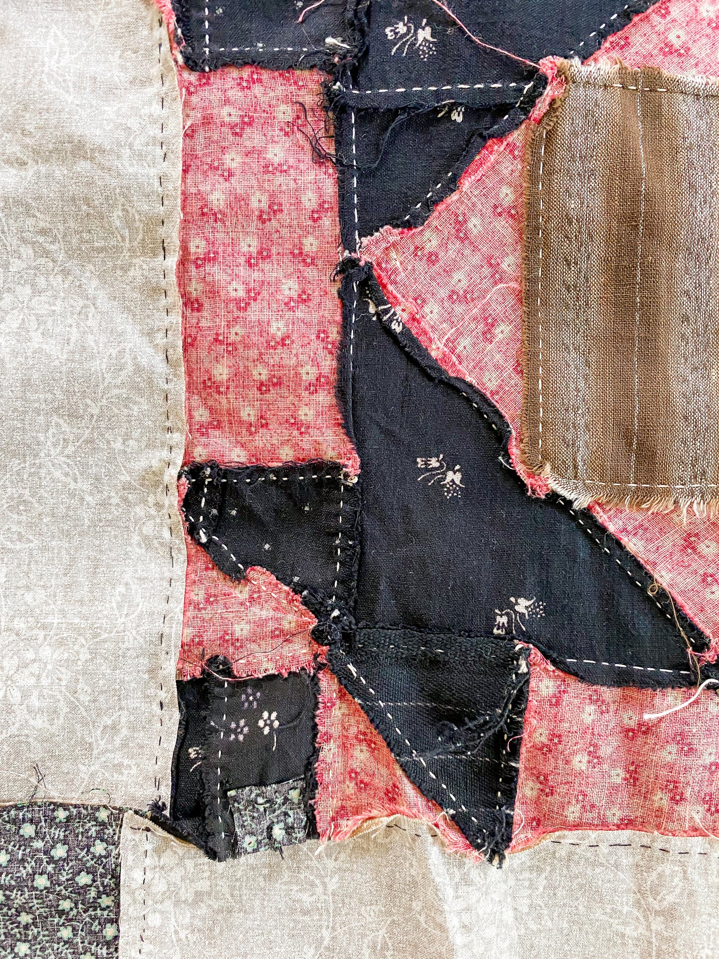 Antique Broken Dishes Unfinished Quilt Top | Late 1800s Calico Fabrics