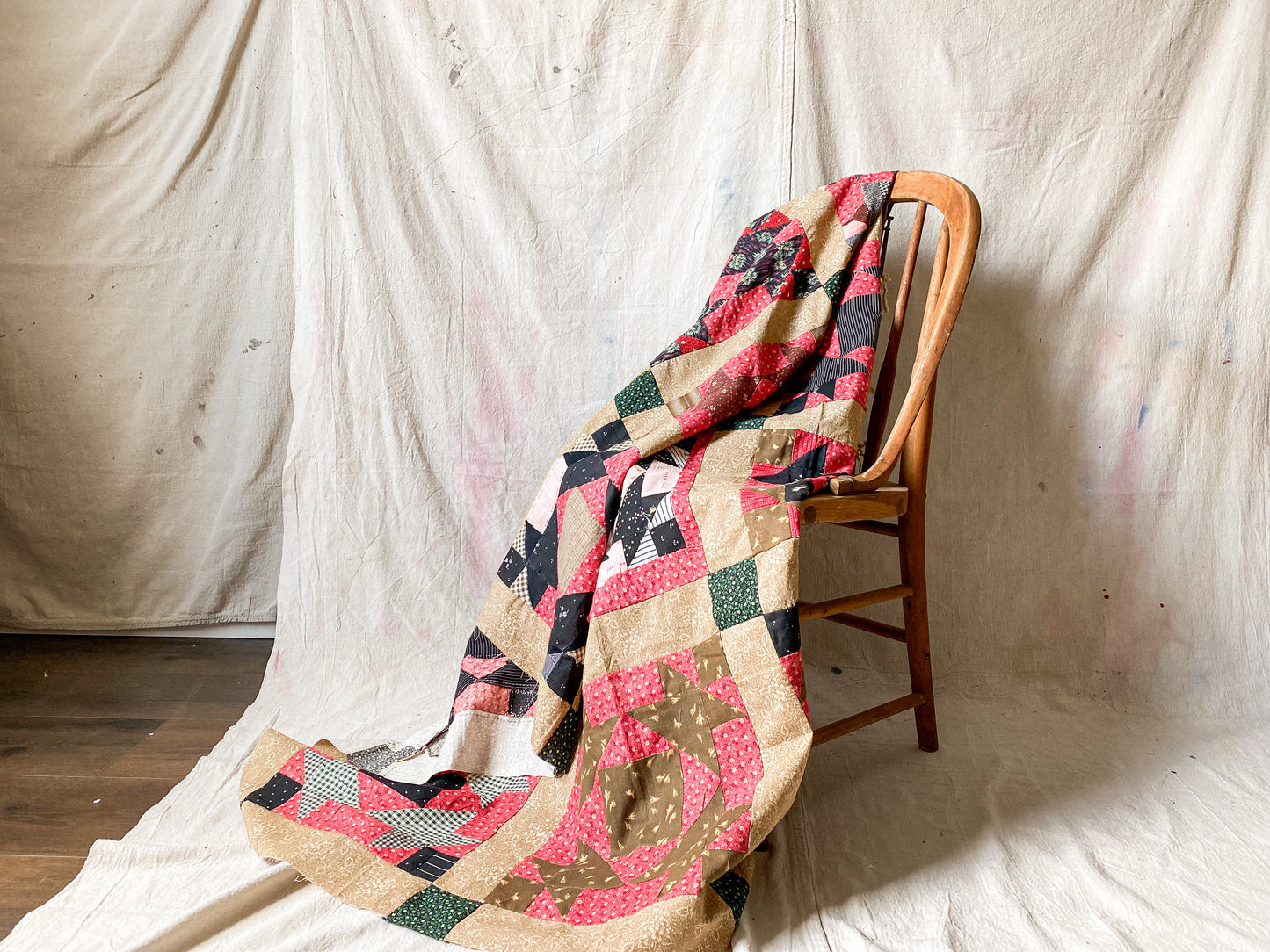 Antique Broken Dishes Unfinished Quilt Top | Late 1800s Calico Fabrics