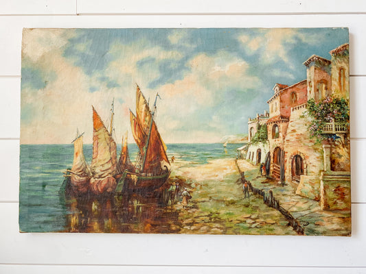 Vintage Original Oil Painting of European Wharf Scene, c1930