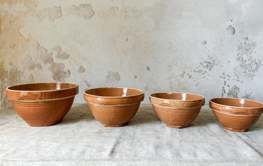 Watt Pottery Arcs Pumpkin Orange Stoneware Mixing Bowl Set of 4, c1940