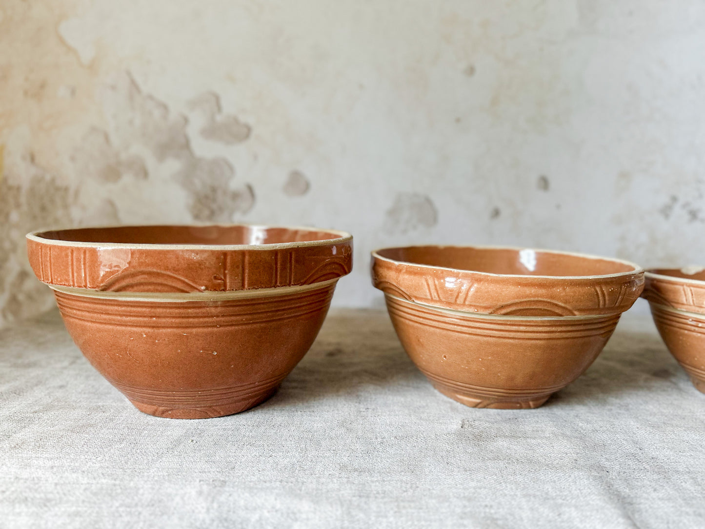 Watt Pottery Arcs Pumpkin Orange Stoneware Mixing Bowl Set of 4, c1940