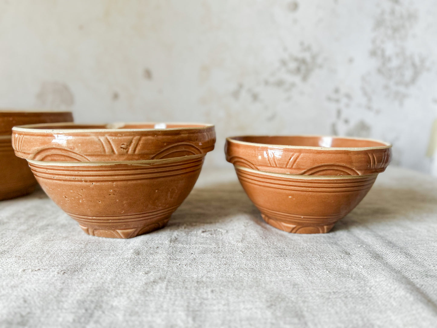 Watt Pottery Arcs Pumpkin Orange Stoneware Mixing Bowl Set of 4, c1940
