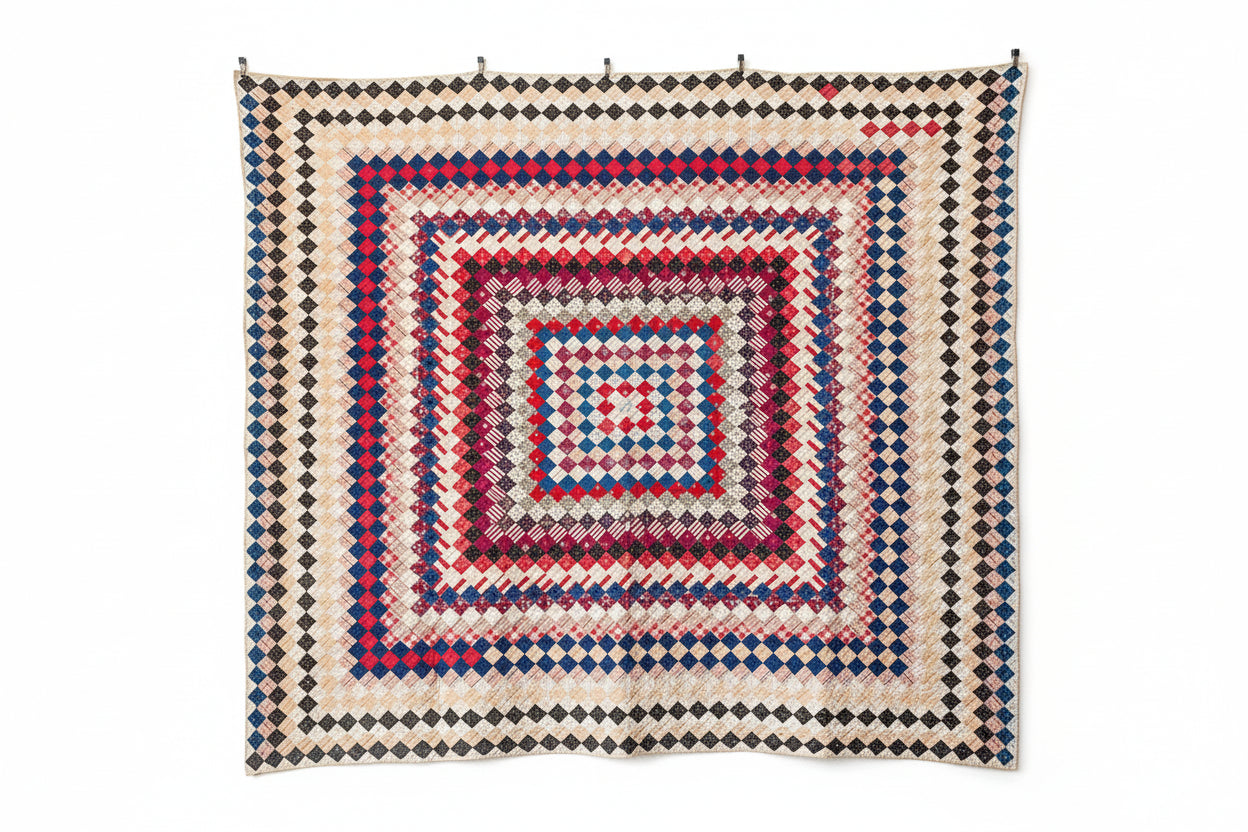 Quilt with geometric pattern on a white background