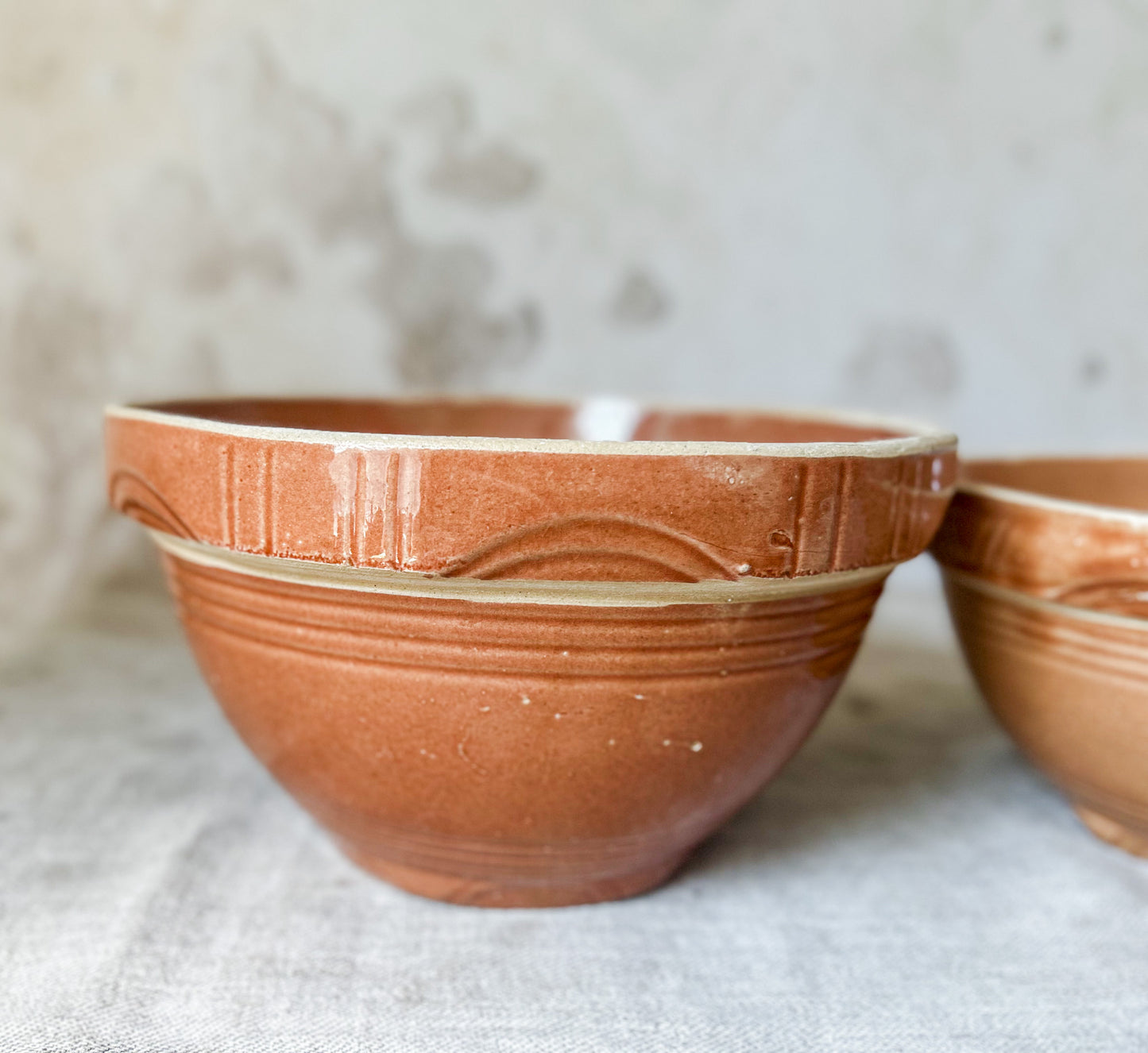 Watt Pottery Arcs Pumpkin Orange Stoneware Mixing Bowl Set of 4, c1940