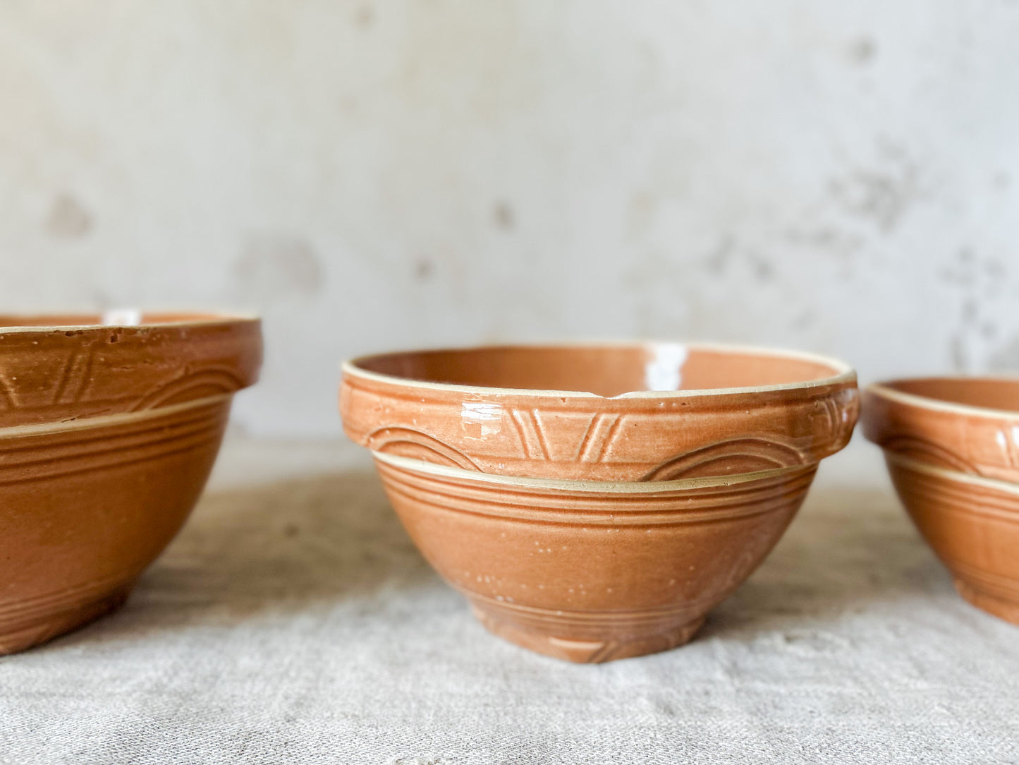 Watt Pottery Arcs Pumpkin Orange Stoneware Mixing Bowl Set of 4, c1940