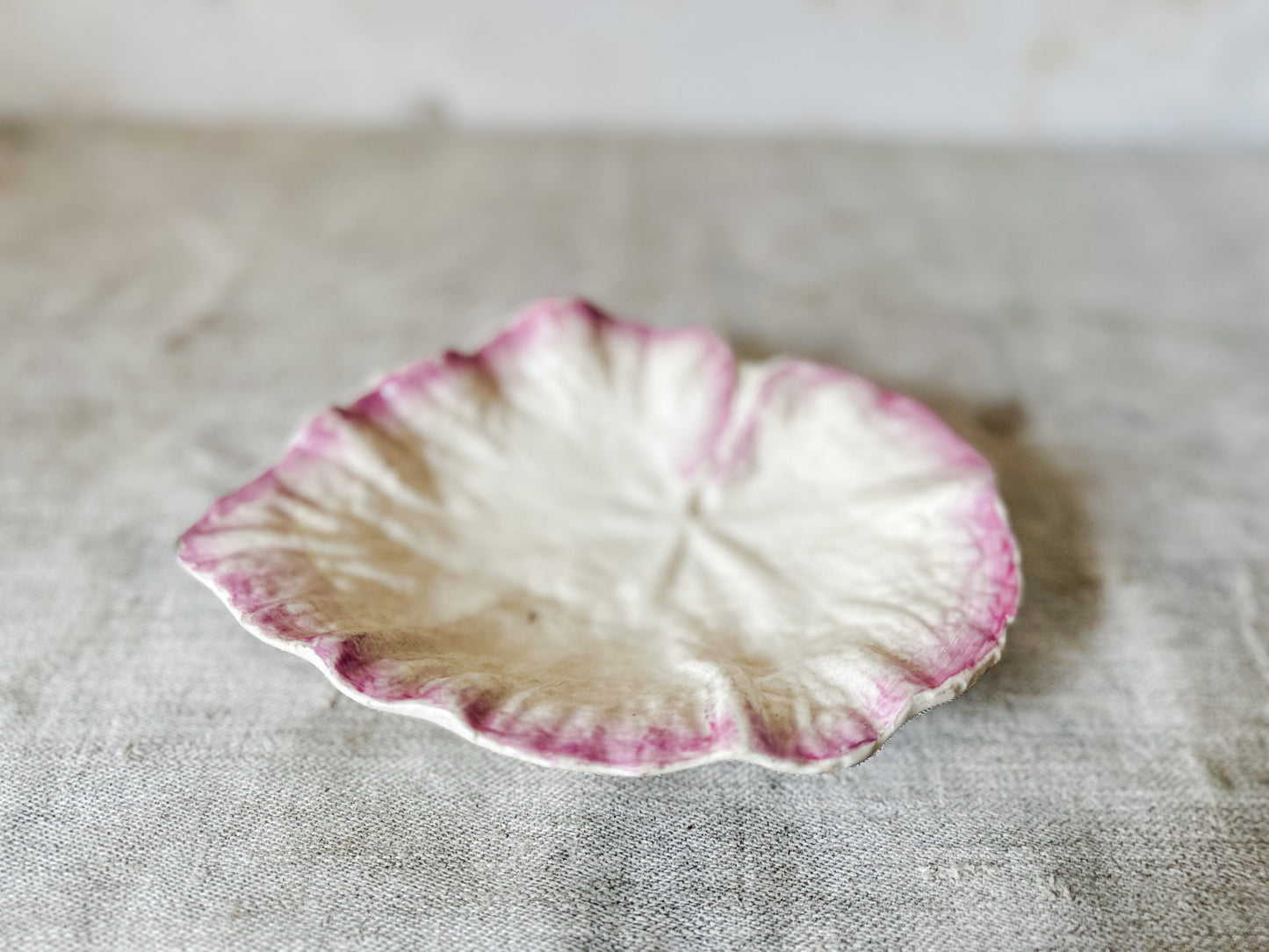Vintage Earthenware Cream and Pink Leaf Dish