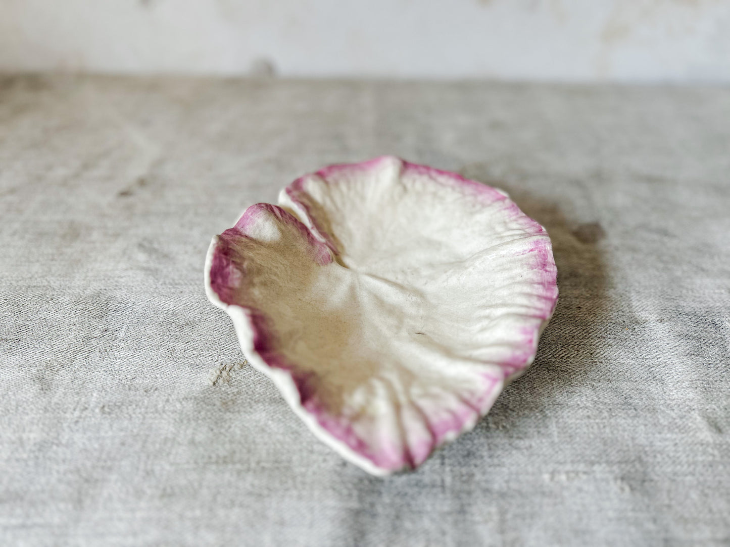 Vintage Earthenware Cream and Pink Leaf Dish