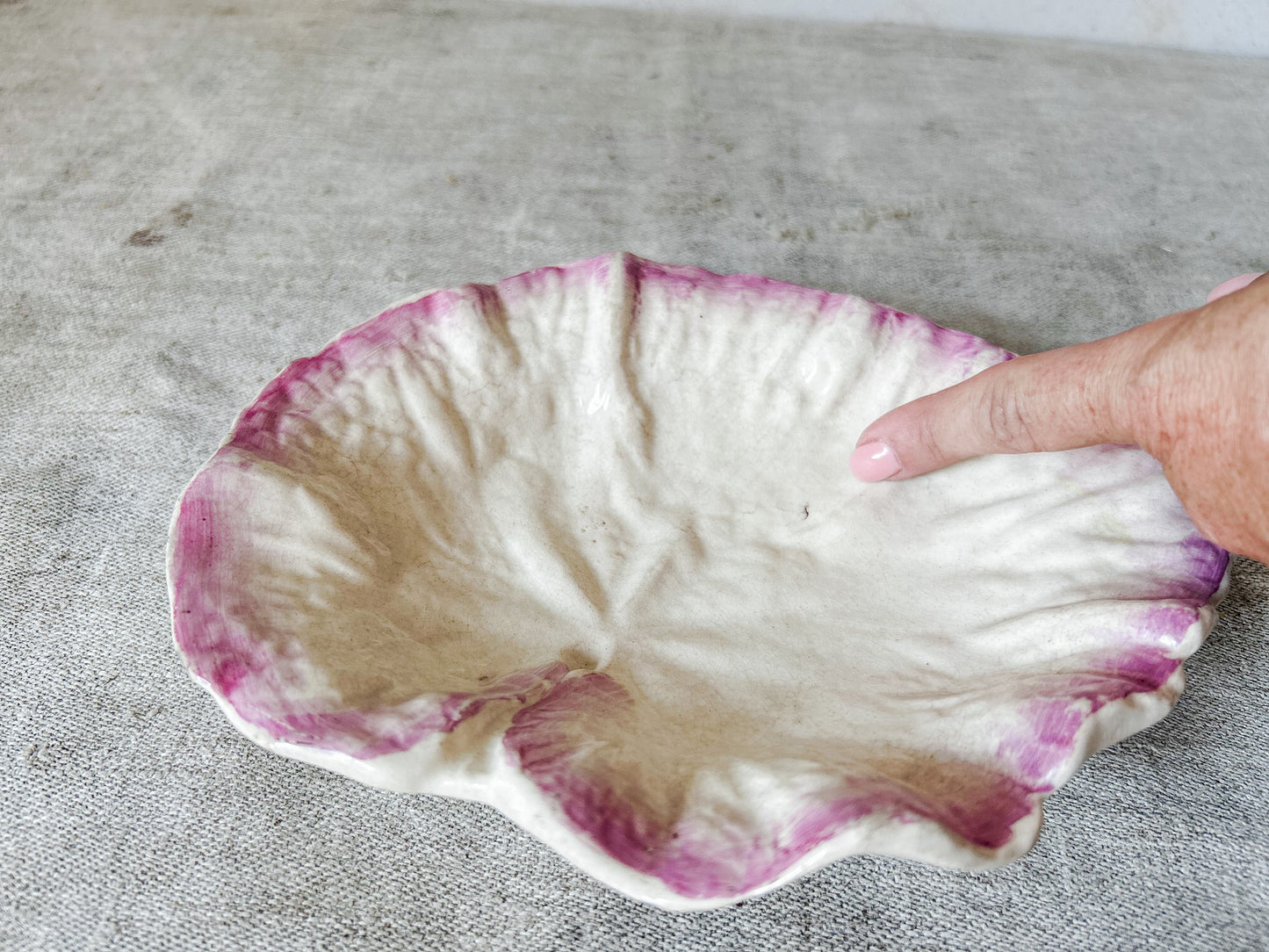 Vintage Earthenware Cream and Pink Leaf Dish