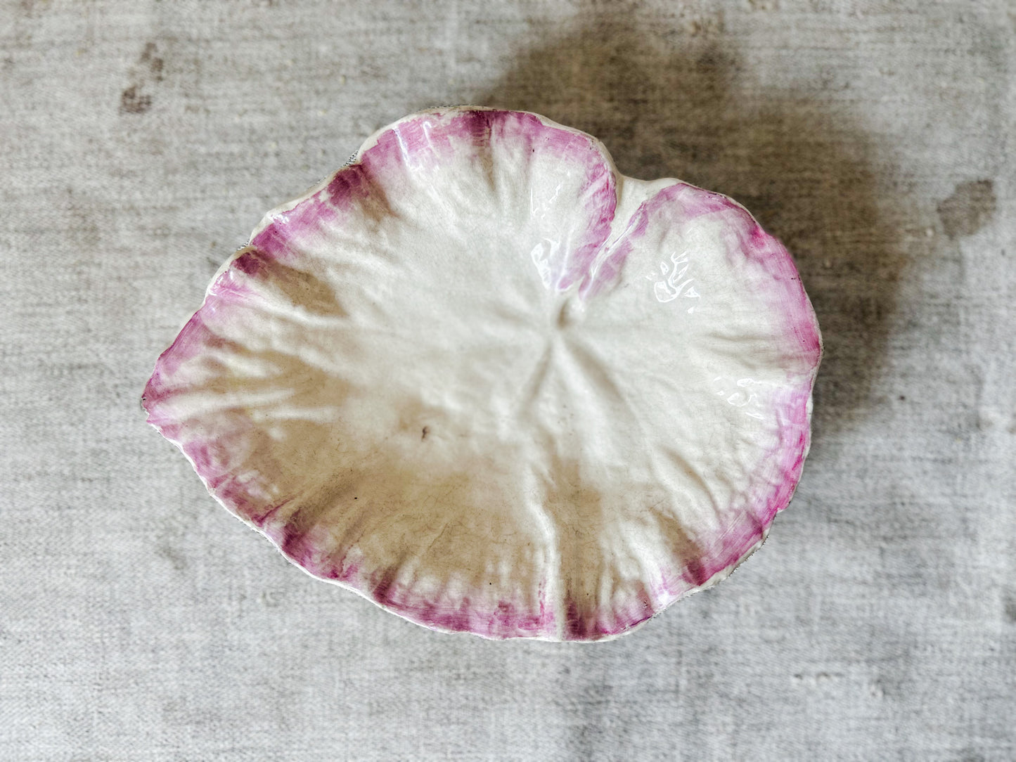 Vintage Earthenware Cream and Pink Leaf Dish