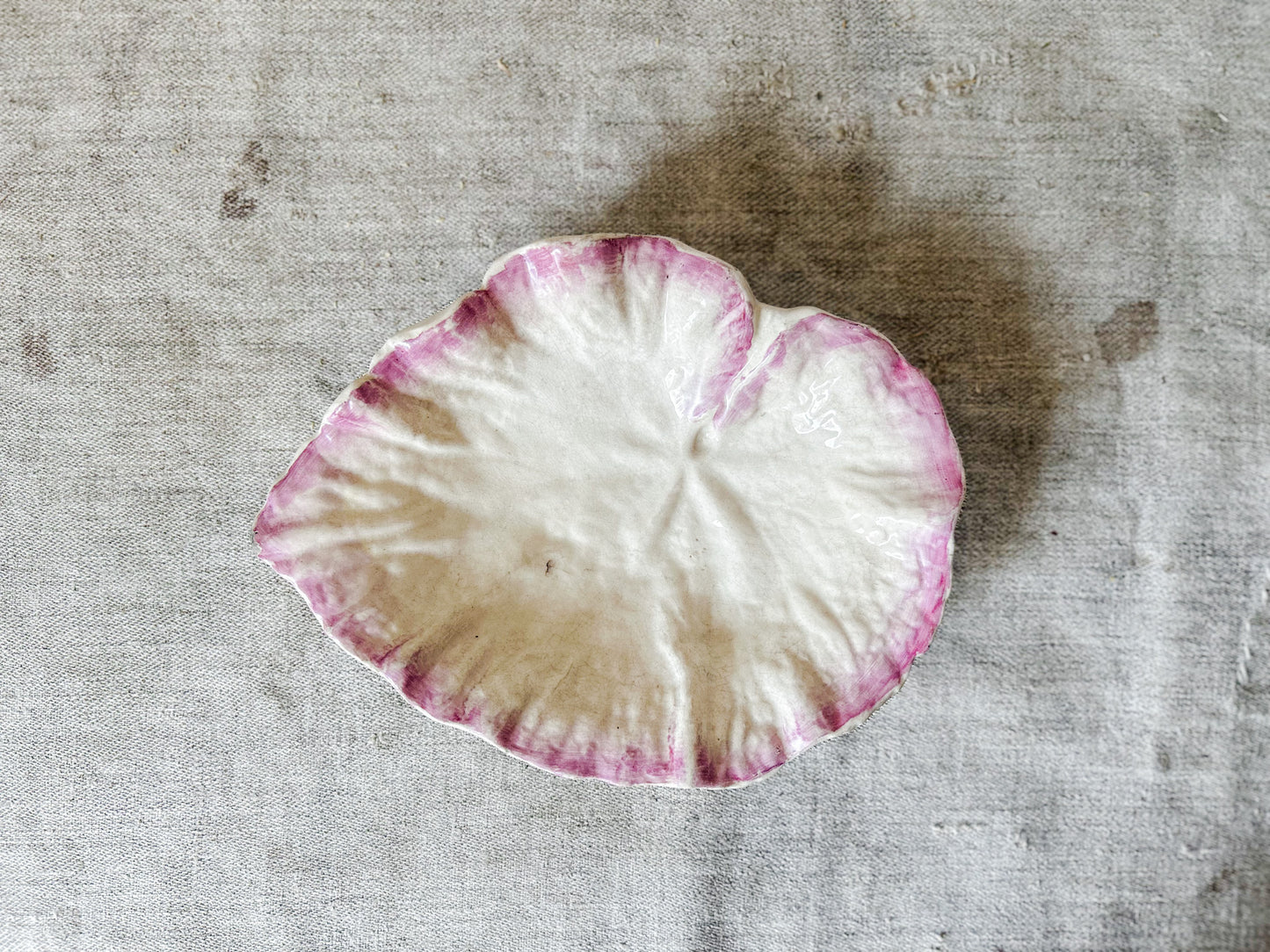 Vintage Earthenware Cream and Pink Leaf Dish