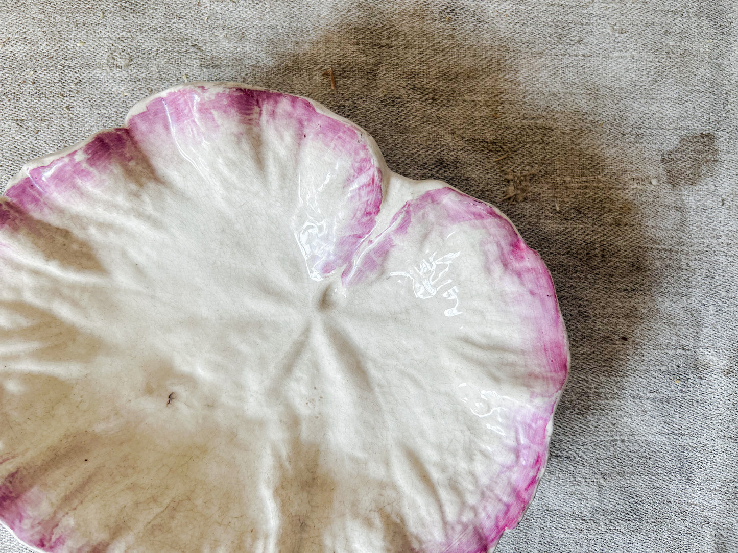 Vintage Earthenware Cream and Pink Leaf Dish