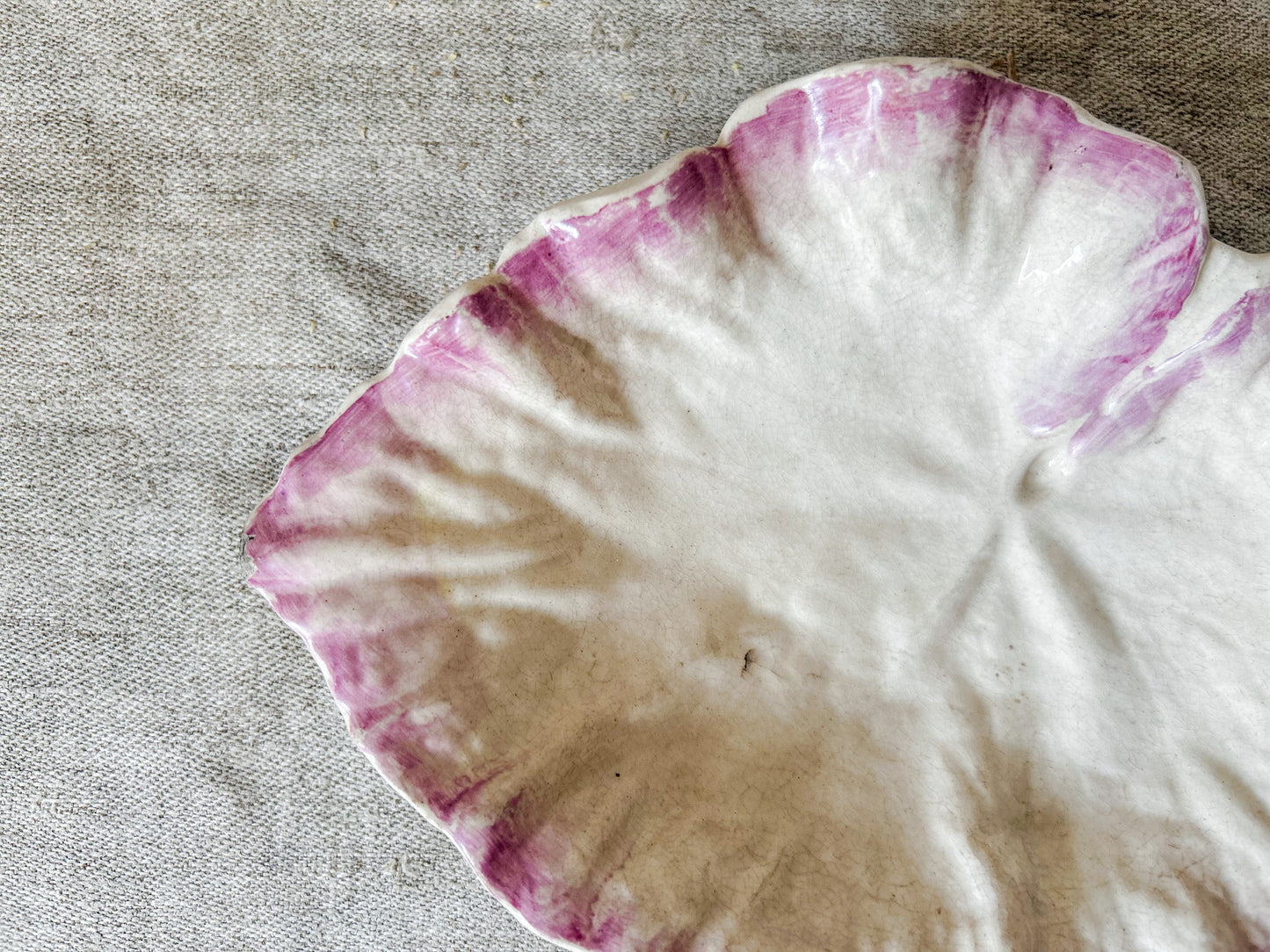 Vintage Earthenware Cream and Pink Leaf Dish