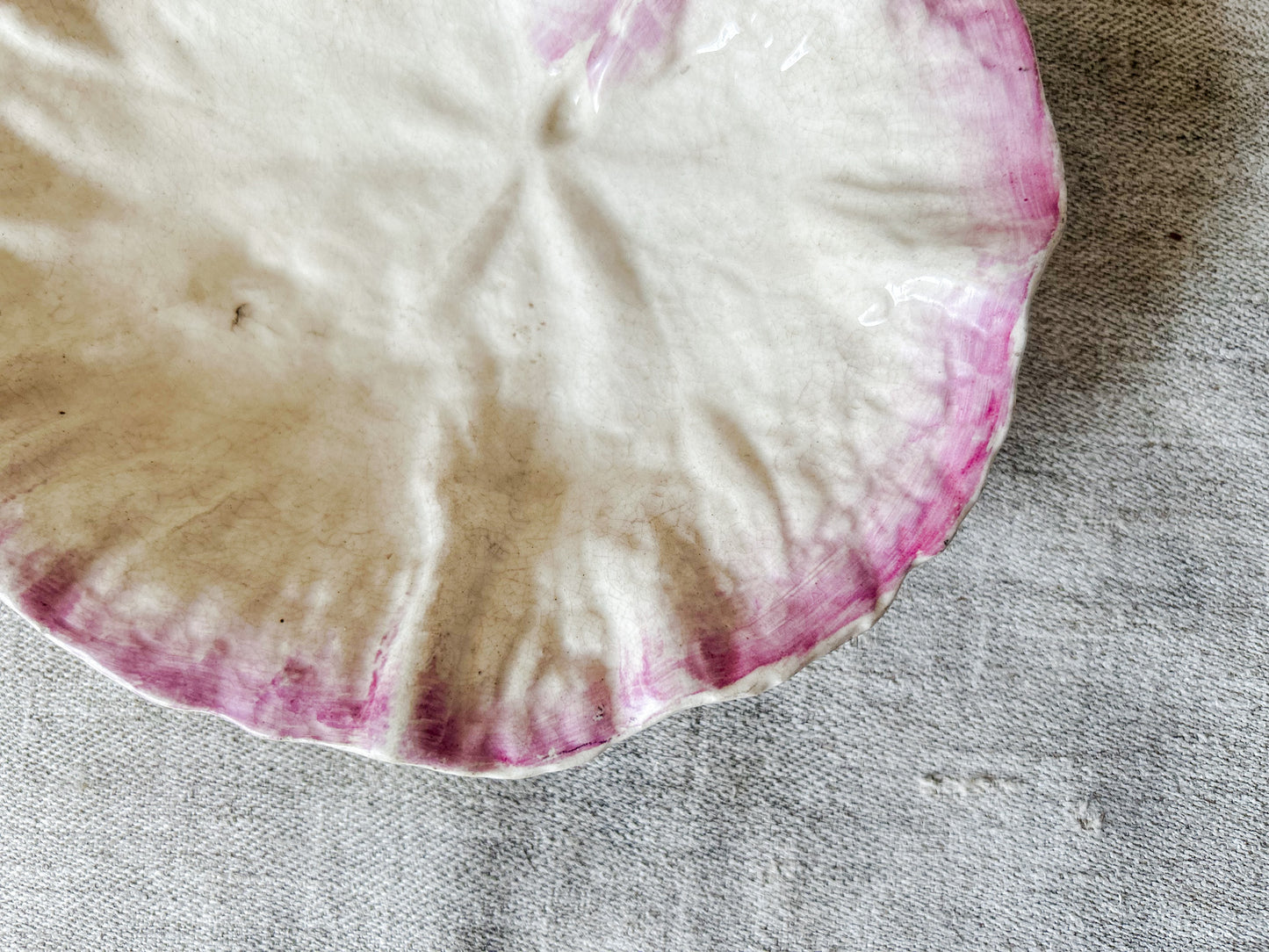 Vintage Earthenware Cream and Pink Leaf Dish