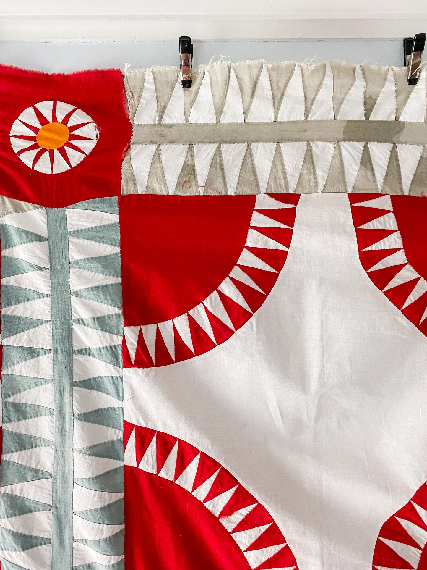 Antique New York Beauty Quilt TOP | Rocky Road Red Green Cheddar and White Unfinished Quilt