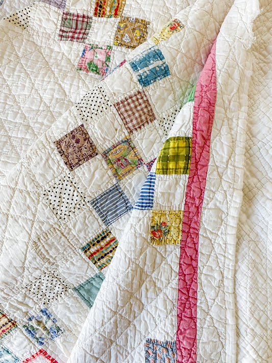 Vintage Pink and White Double Irish Chain Quilt, c1950