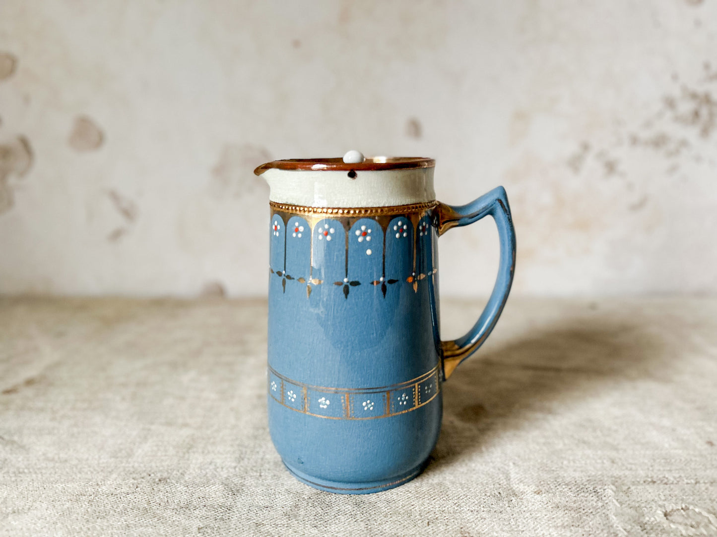 English Blue and Copper Luster Jug With Pewter Gravity Tip Lid