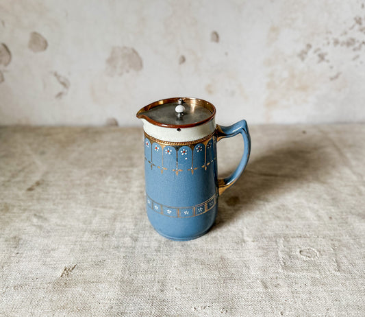 English Blue and Copper Luster Jug With Pewter Gravity Tip Lid