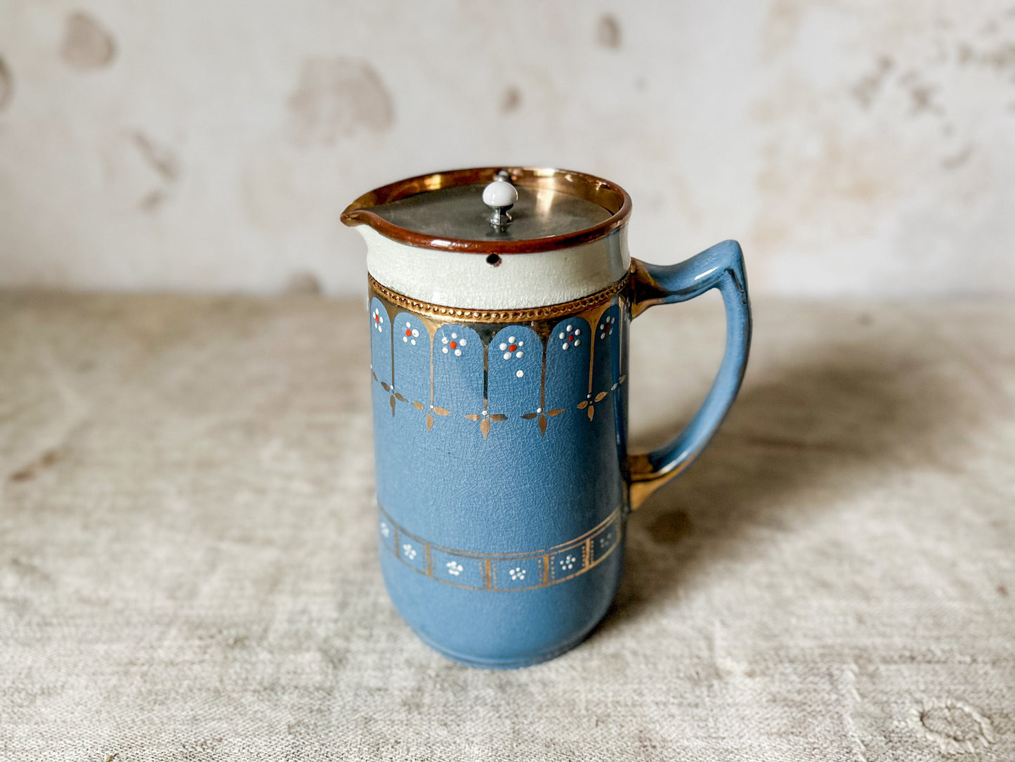 English Blue and Copper Luster Jug With Pewter Gravity Tip Lid