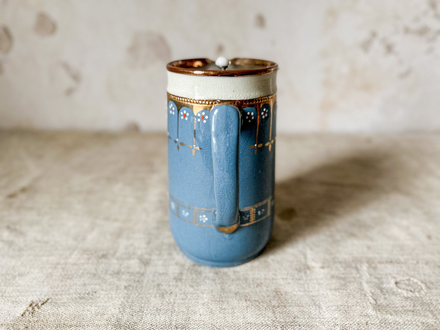 English Blue and Copper Luster Jug With Pewter Gravity Tip Lid