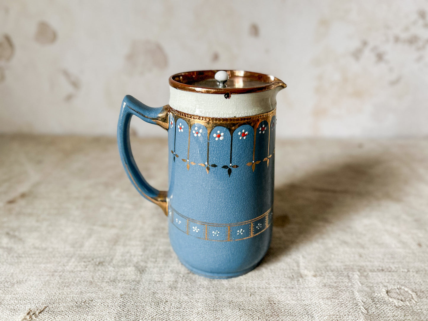 English Blue and Copper Luster Jug With Pewter Gravity Tip Lid