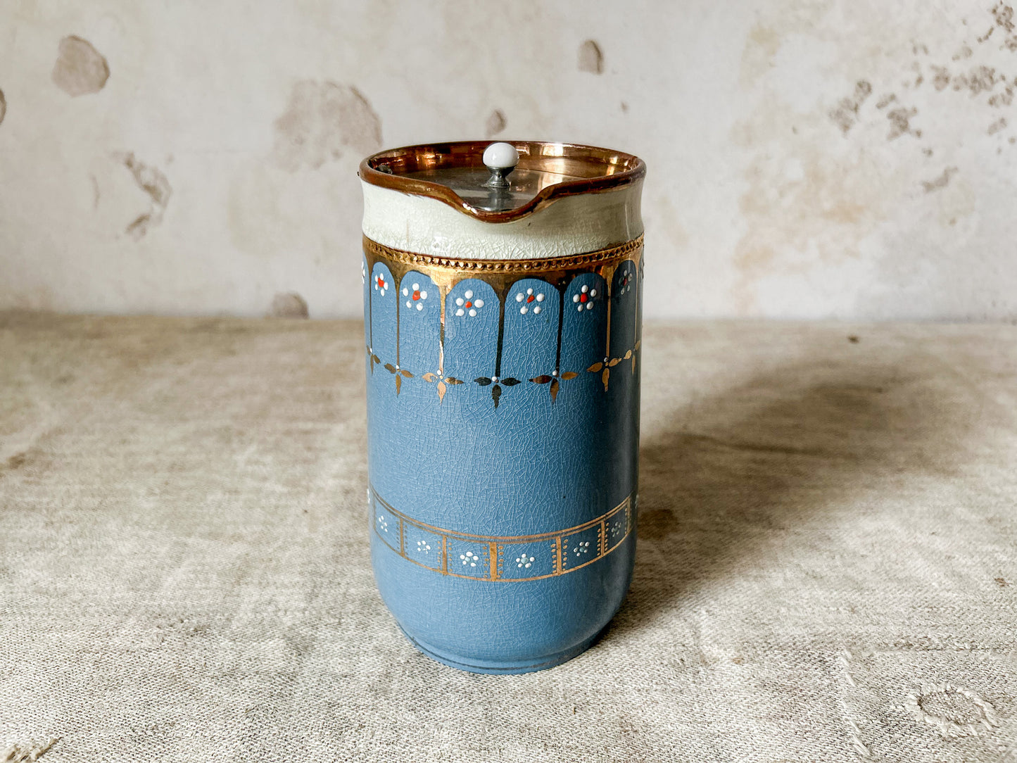 English Blue and Copper Luster Jug With Pewter Gravity Tip Lid