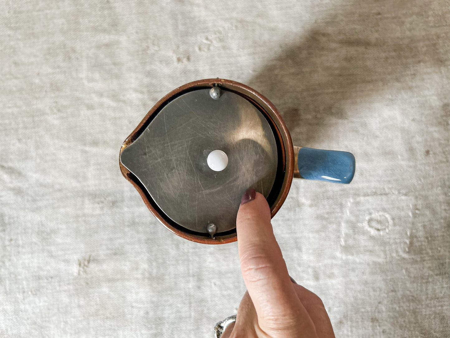 English Blue and Copper Luster Jug With Pewter Gravity Tip Lid