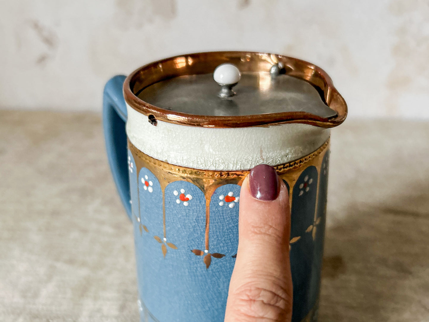 English Blue and Copper Luster Jug With Pewter Gravity Tip Lid