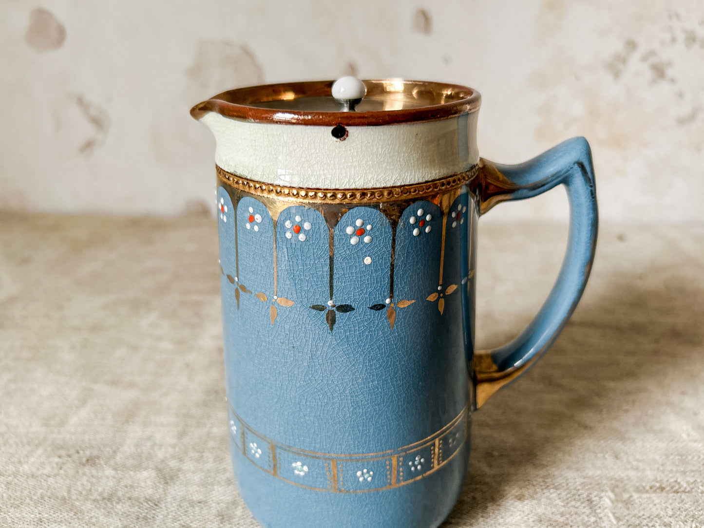 English Blue and Copper Luster Jug With Pewter Gravity Tip Lid