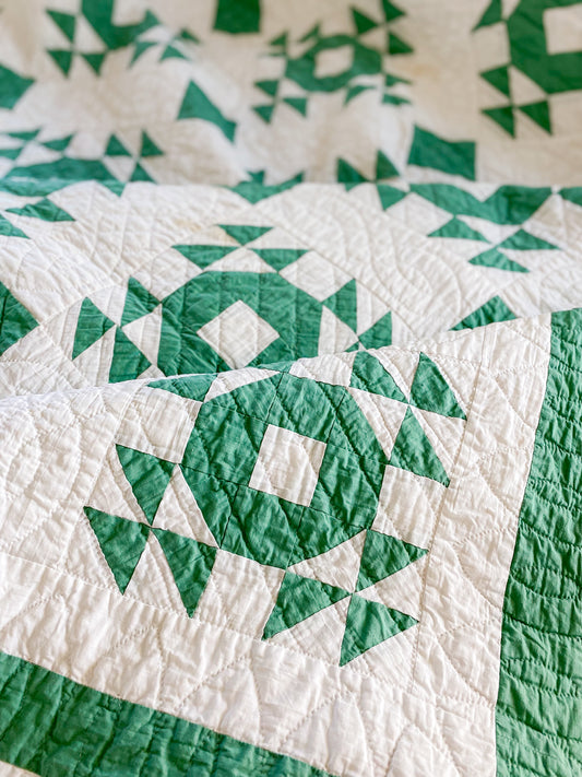 Vintage Green and White "Nest and Fledgling" Quilt