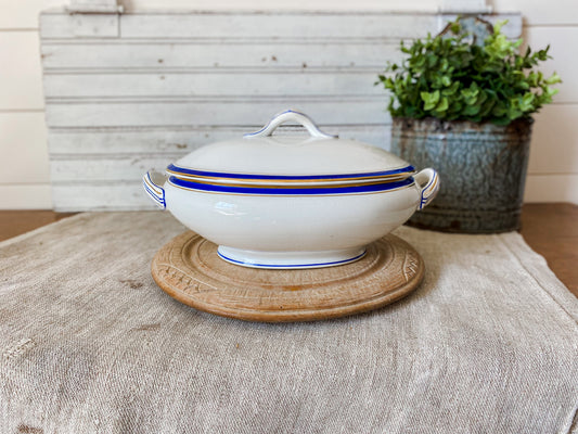 Vintage Blue and Gold Ceramic Art Deco Tureen | Egersunds Fayancefabriks Norway | Crazed White Serving Dish with Lid