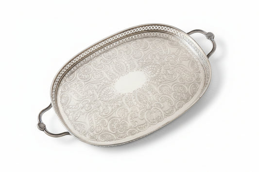 Midcentury "Cavalier" Silver Plated on Brass Gallery Rail Serving Tray with Shell Handles