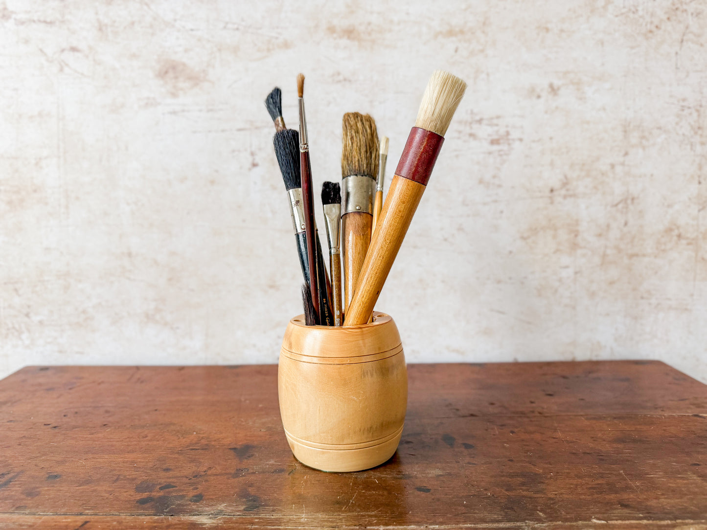 Collection of 8 Paint Brushes in Handmade Wooden Vase