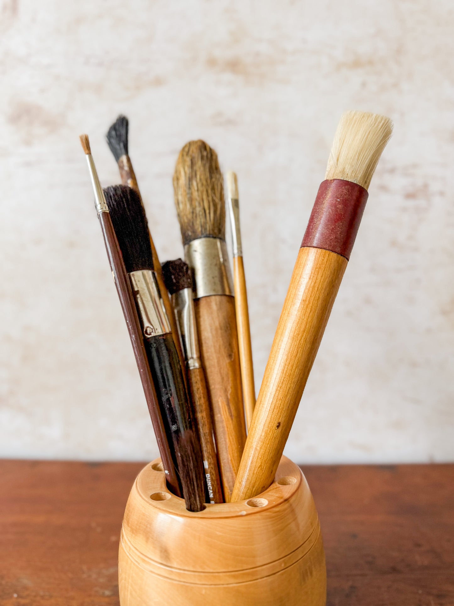 Collection of 8 Paint Brushes in Handmade Wooden Vase