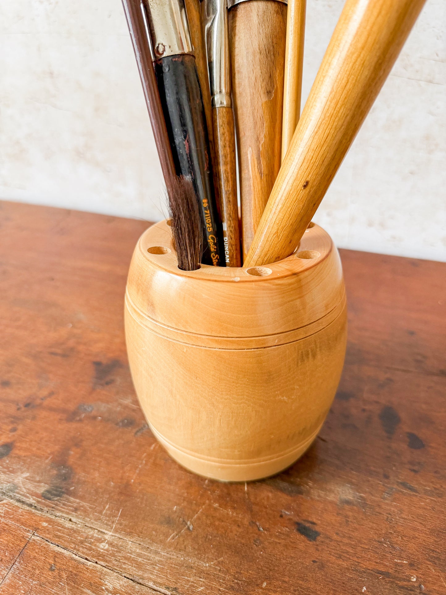 Collection of 8 Paint Brushes in Handmade Wooden Vase