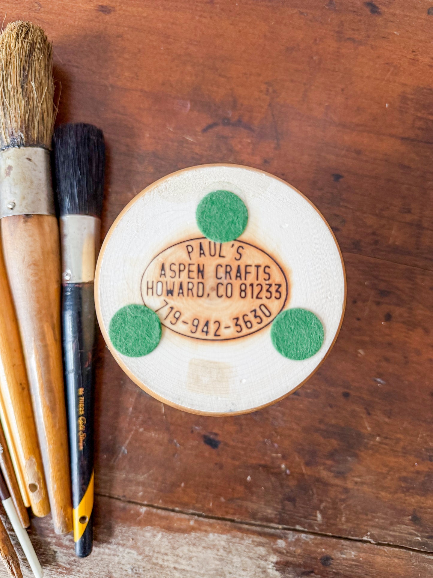 Collection of 8 Paint Brushes in Handmade Wooden Vase