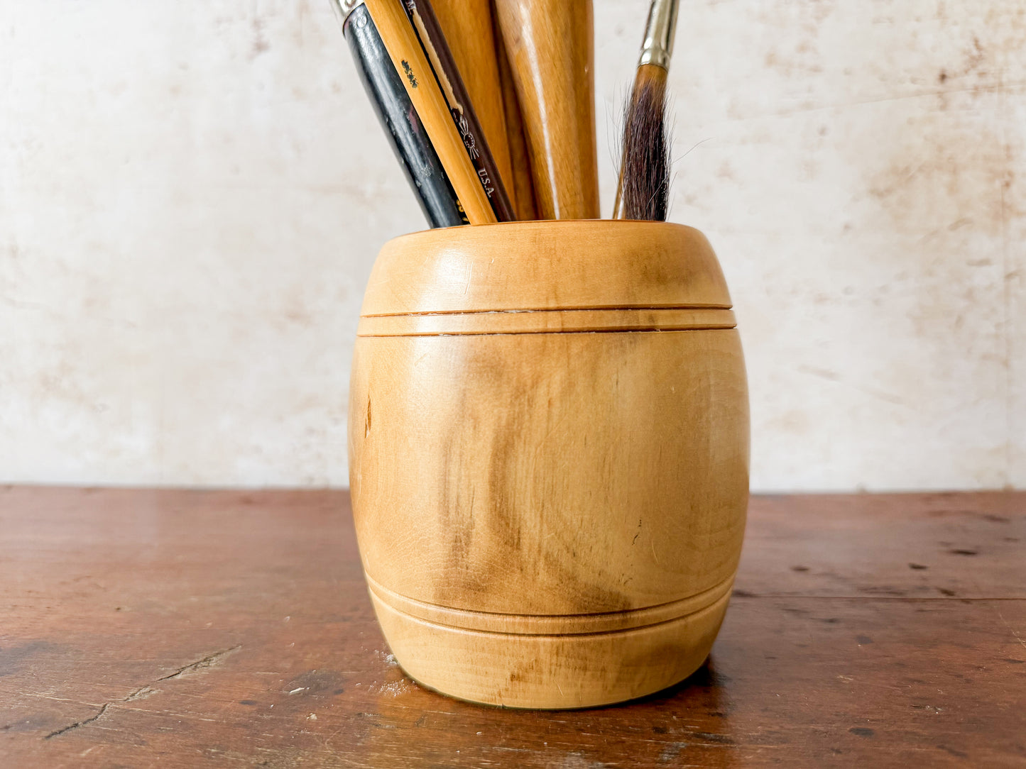 Collection of 8 Paint Brushes in Handmade Wooden Vase