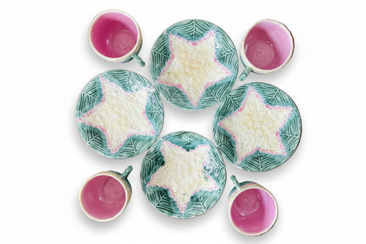 Majolica cauliflower teacups and saucers with pink and green