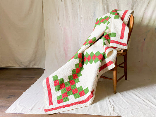 Antique Red and Green Double Irish Chain Quilt | c1860s Antique Blanket