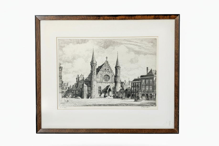 Framed Signed Dry Etching of the Hague by Roodenburg, 1954