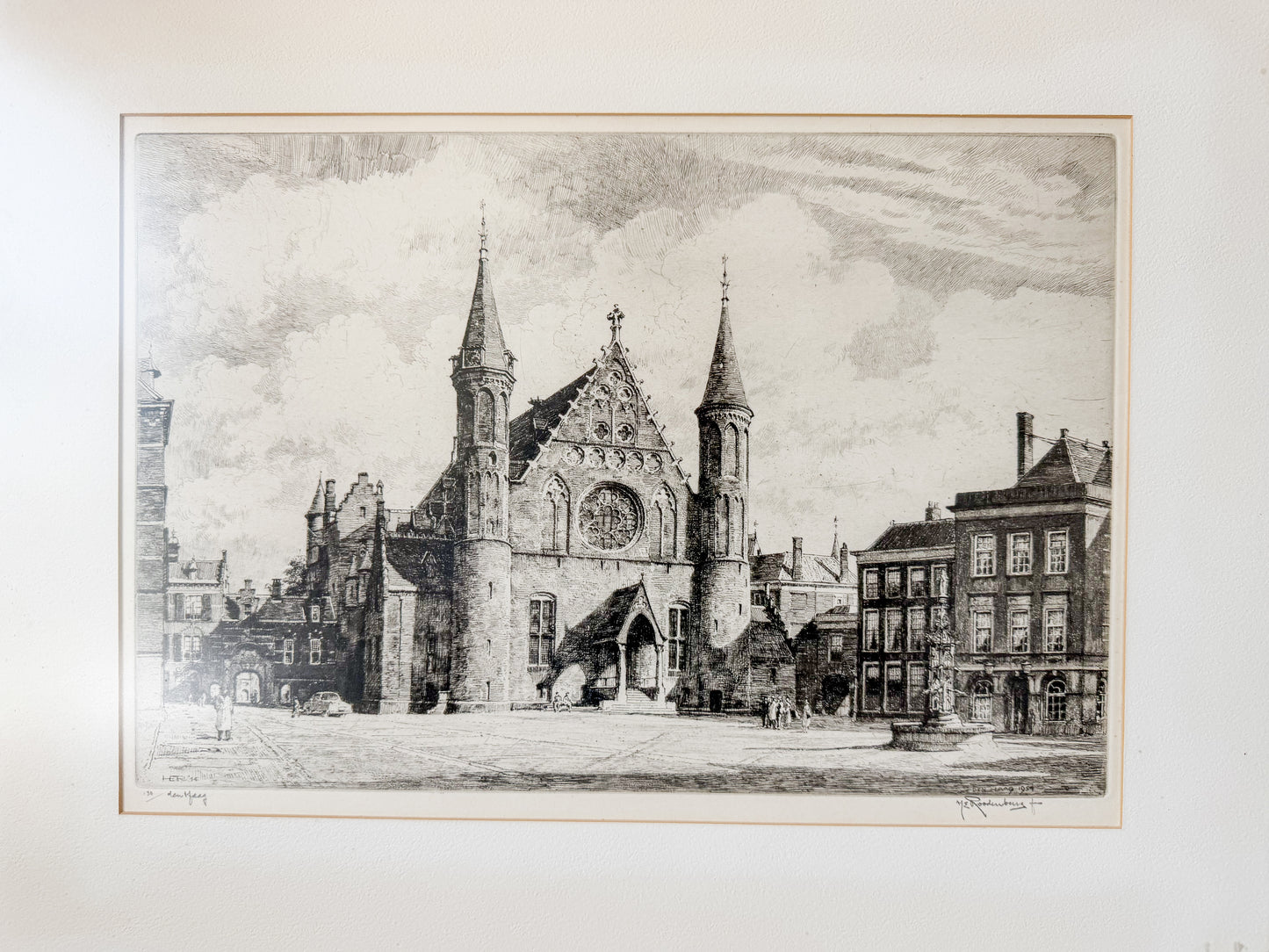 Framed Signed Dry Etching of the Hague by Roodenburg, 1954