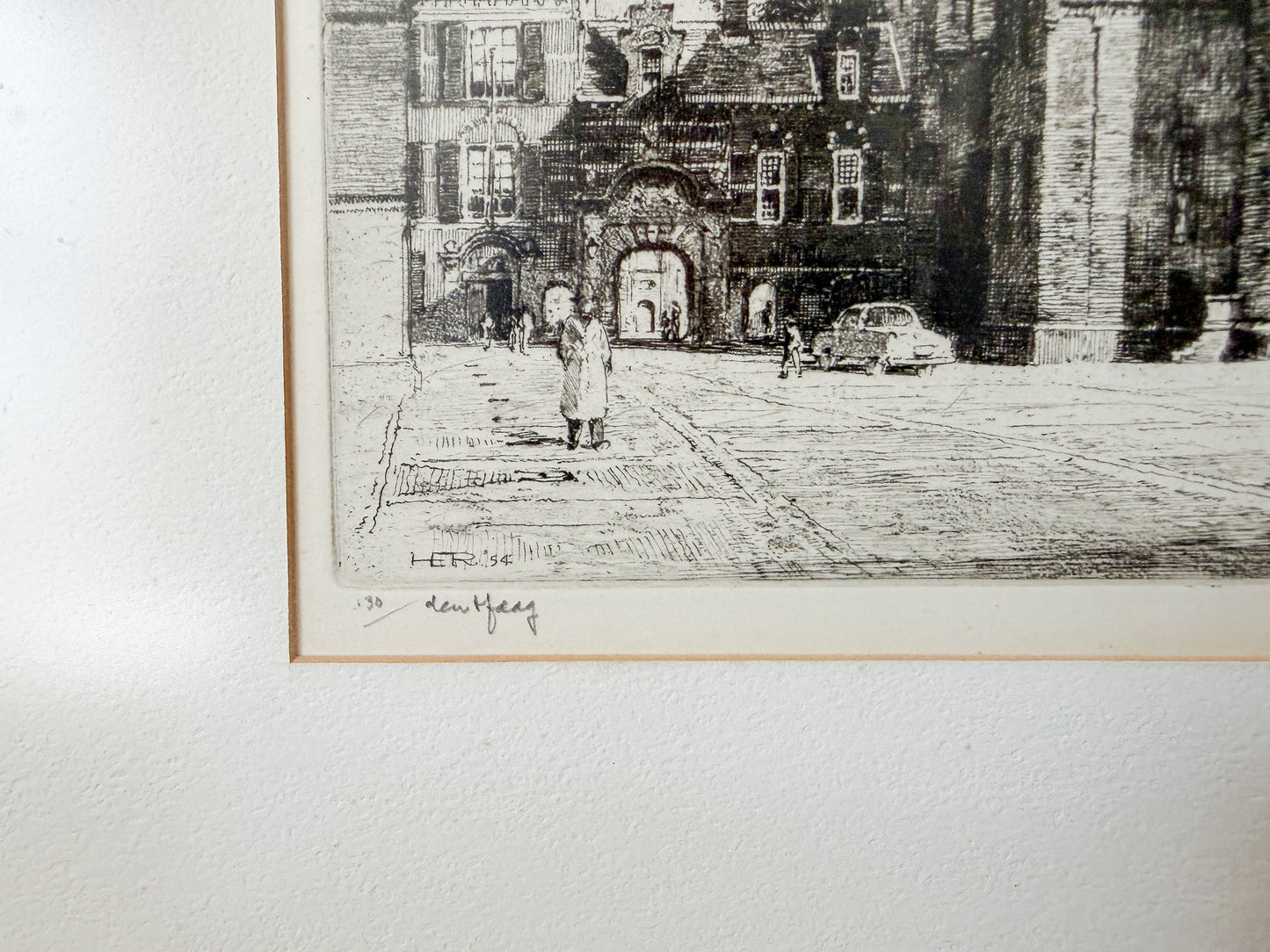 Framed Signed Dry Etching of the Hague by Roodenburg, 1954
