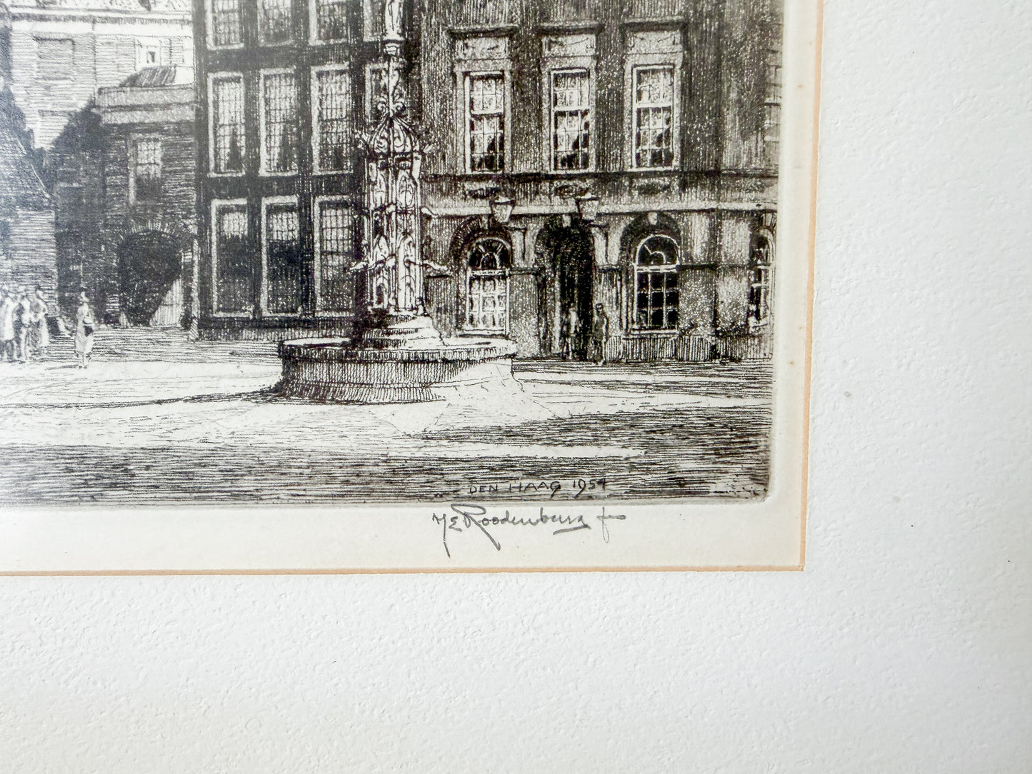 Framed Signed Dry Etching of the Hague by Roodenburg, 1954