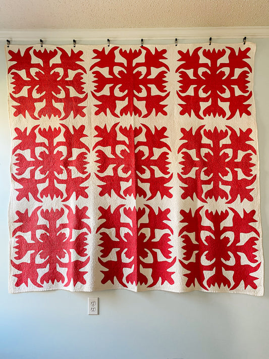 Antique Turkey Red Papercut Applique Quilt, c1850