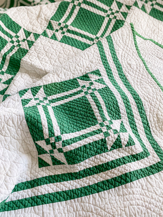 Vintage Green and White Goose in the Pond Quilt