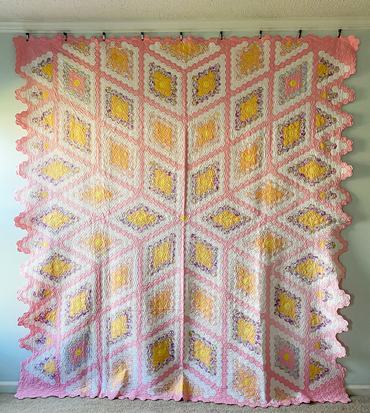Vintage Radiating Diamond Fields Pink Quilt, c1930